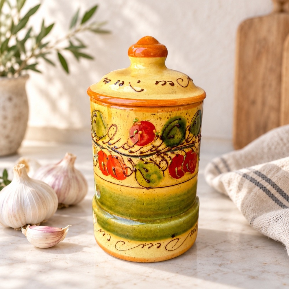 Vintage Spanish Ceramic Garlic Keeper Hand Painted Fruit Jar Made in Spain